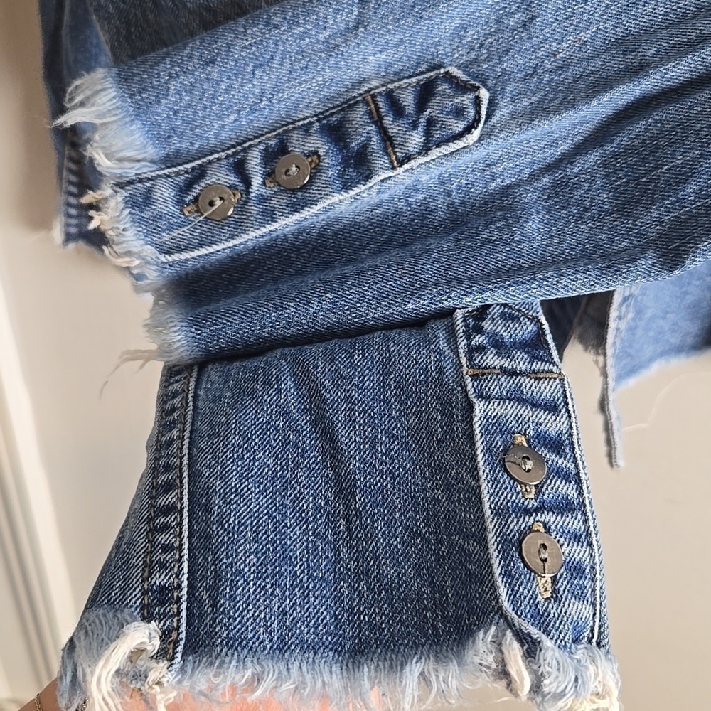 Pistola Distressed Cropped Blue Denim Jacket-Size Large - Picture 9 of 16